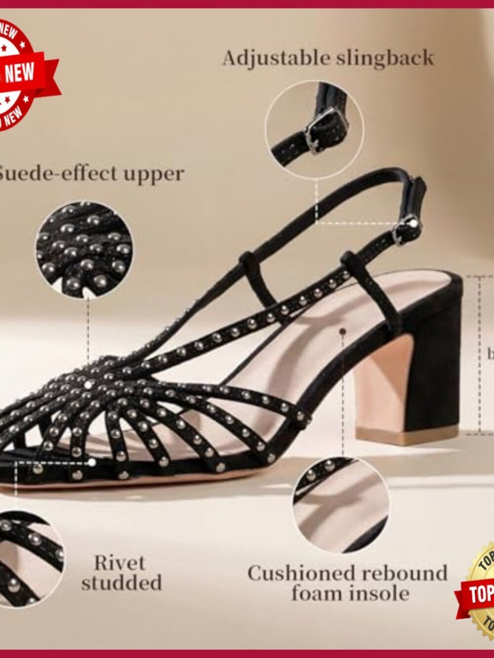 Studded Slingback Heels, Caged Toe Block Heel Sandals, Summer Casual Dress Shoes - Picture 6 of 7